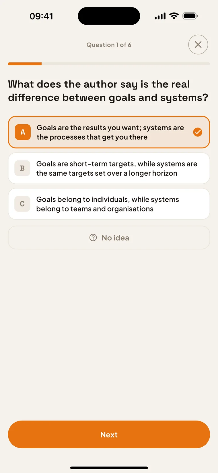 ReadPace comprehension quiz, question 1 of 6, asking what the author says is the real difference between goals and systems, with three answer options and a “No idea” escape.